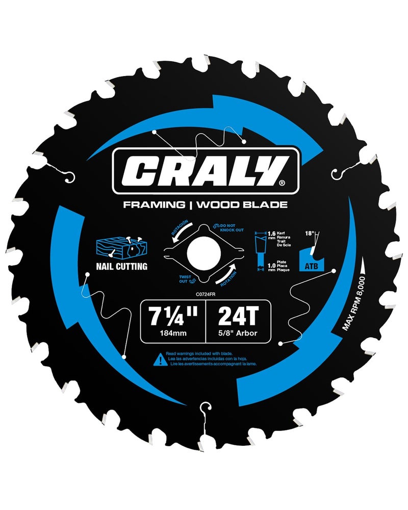 CRALY 7-1/4 Inch 24 Teeth Wood Cutting Framing Circular Saw Blade, 5/8 Inch Arbor, Carbide Tipped, Thin Kerf, Black Ice™ Coating, for Plywood, MDF, OSB, Laminated(C0724FR) - Image 1